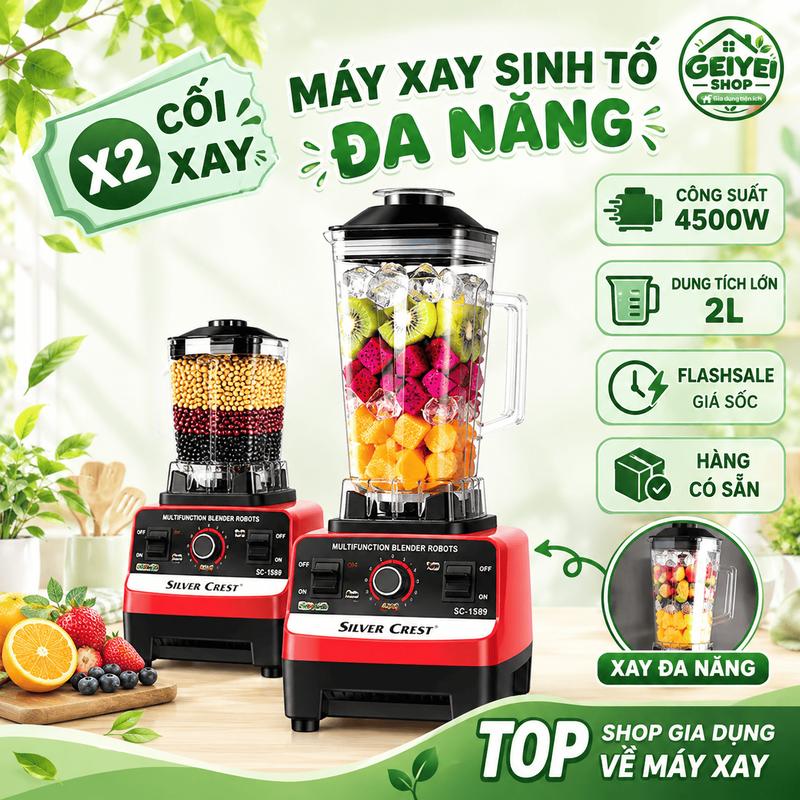 Máy Xay Sinh Tố Đa Năng KAW SILVER CREST SC-1589 Công Suất Lớn 4500W, Máy Xay Công Nghiệp 2 Cối Xay Tiện Lợi