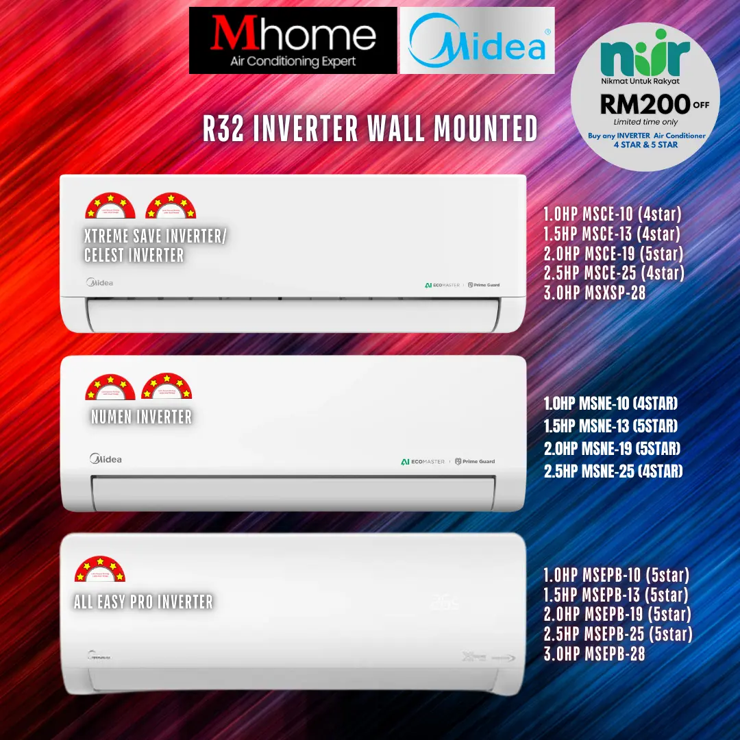 [Program NUR] MIDEA INVERTER  1.0HP-3.0HP MSXSP/MSCE/MSNE XTREME SAVE (4/5 STAR) /MSEPB ALL EASY PRO (5 STAR) R32 AIR CONDITIONER