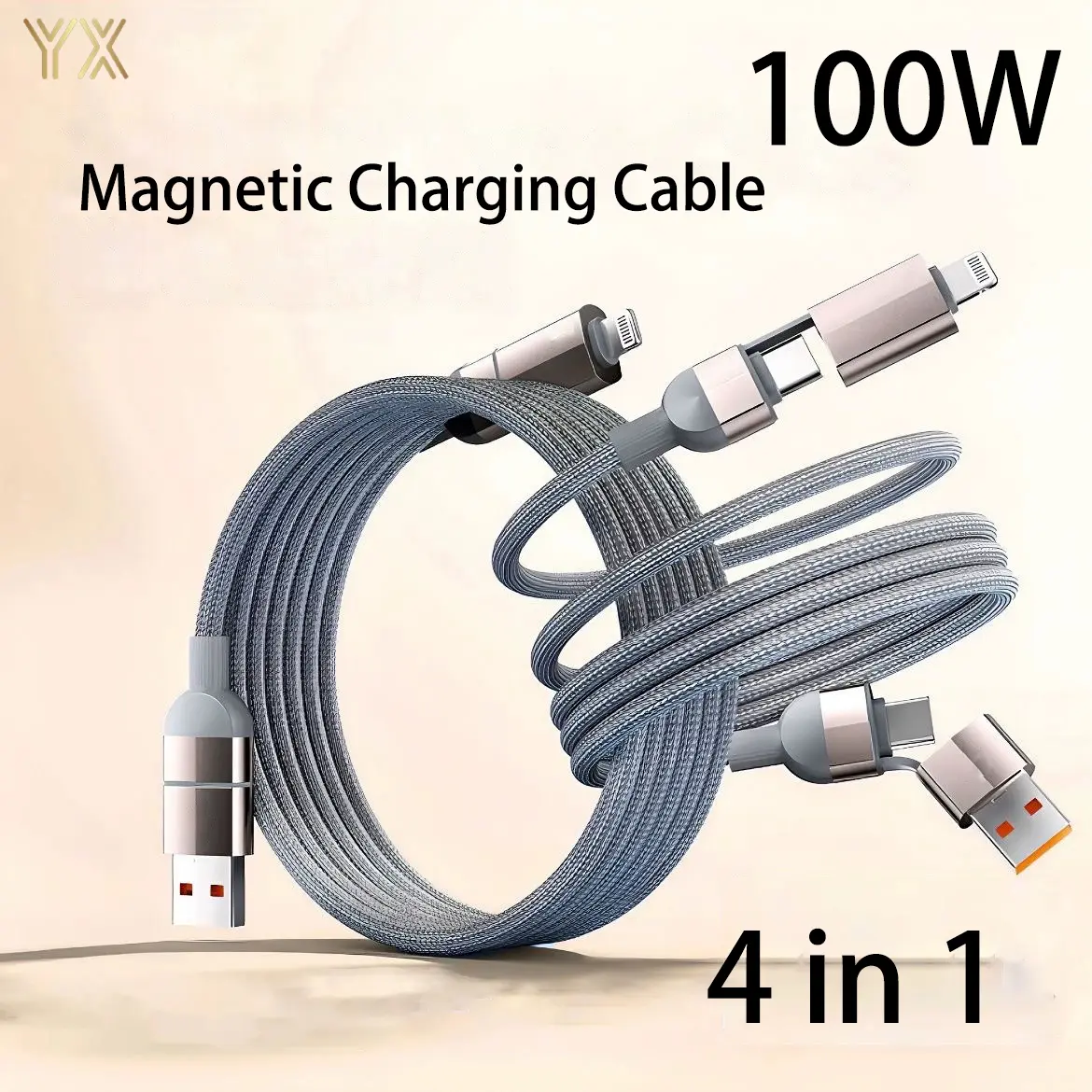 Cáp Type-C sang Type-C 4 trong 1, YX, 100W PD 27W, Hút từ tính, Chống cuộn dây, Bện Nylon, Bền, Dây cáp sạc nhanh, Thích hợp cho iPhone, Infinix, Samsung, Huawei, Xiaomi, Lenovo, OPPO, Vivo, Redmi, Type-C sang USB, Dây điện YX