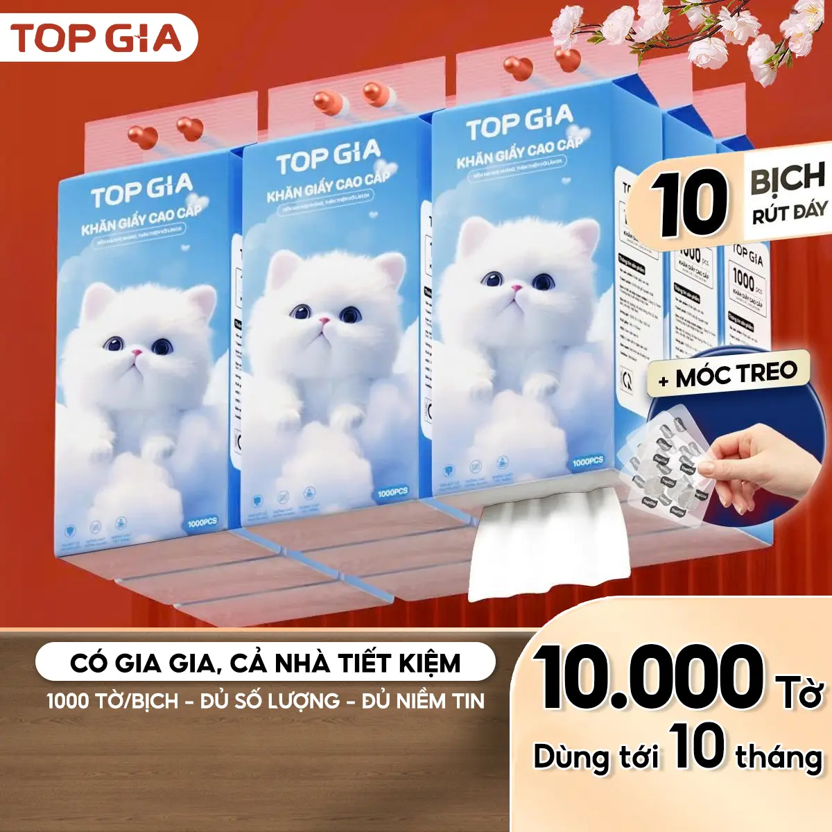 (TẶNG 3 MÓC TREO) Thùng 10 bịch Khăn Giấy Rút Treo Tường Cao Cấp Gia Gia TopGia 1000 tờ, 4 lớp kèm 3 móc treo tường tiện lợi (TL3)