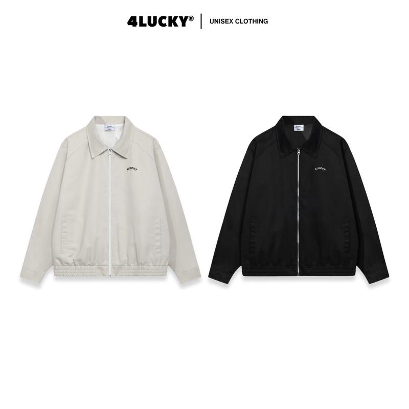 Áo Khoác Kaki Thêu Ngực "4Lucky" Unisex, Áo Khoác Boxy Cổ Bẻ Khóa Kéo Có Túi Trong Phong Cách Nam Nữ 4Lucky 6154