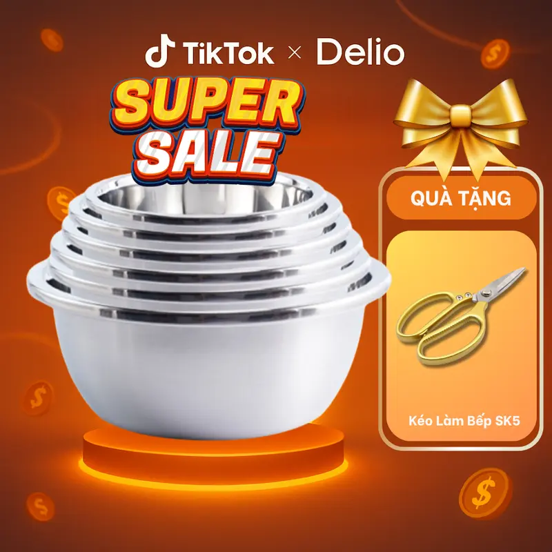 [ PL -COMBO 6 THAU SIZE 22-32CM ] Thau chậu inox sâu lòng cao cấp Delio với chất liệu siêu dày, bền đẹp và an toàn 0