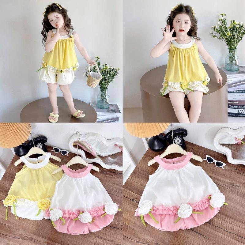 SET CỔ YẾM ĐÍNH HOA HỒNG VẠT ÁO  + QUẦN BÍ PHỒNG CHO BÉ GÁI 