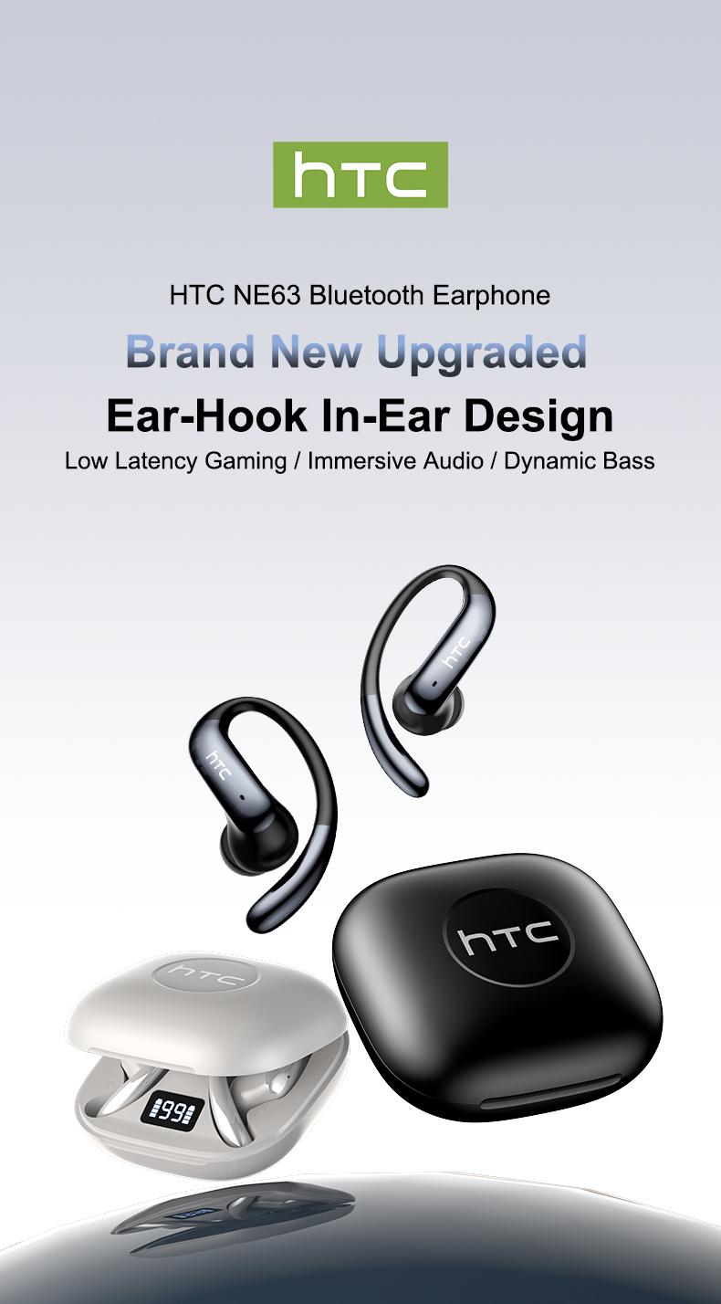 HTC NE63 OWS AI Headset Bluetooth 6.0 Sport Earbuds Layar LED TWS Noise Reduction HiFi Bass Stereo Wireless Gaming Headset dengan AI dan Noise Reduction