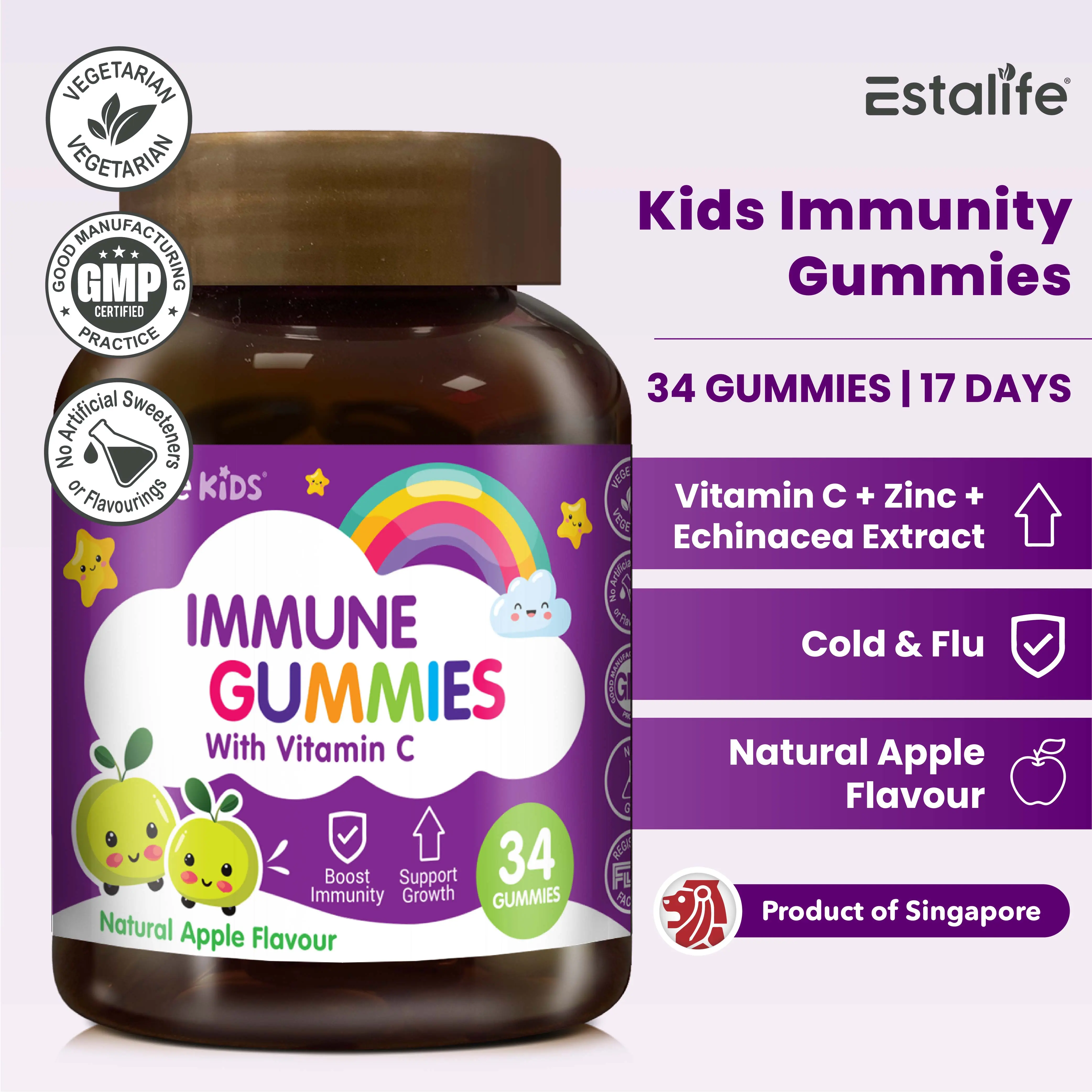 Estalife Kids Immune + Vitamin C Gummy with Zinc and Echinacea | Immunity Supplement | 34 Gummies