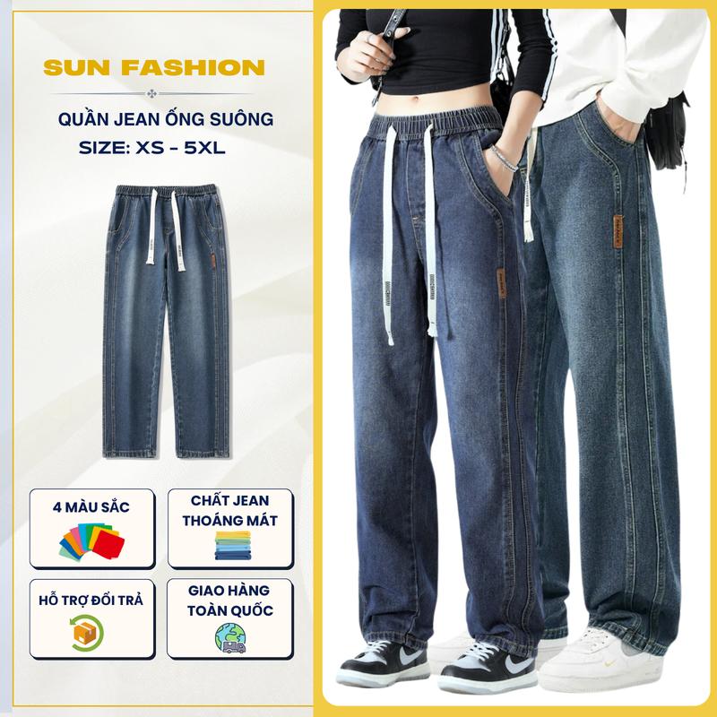Quần jean nam nữ ống suông rộng bigsize SUN N9 Xanh Thẫm Retro, thiết kế cạp chun thoải mái, phong cách Hàn Quốc