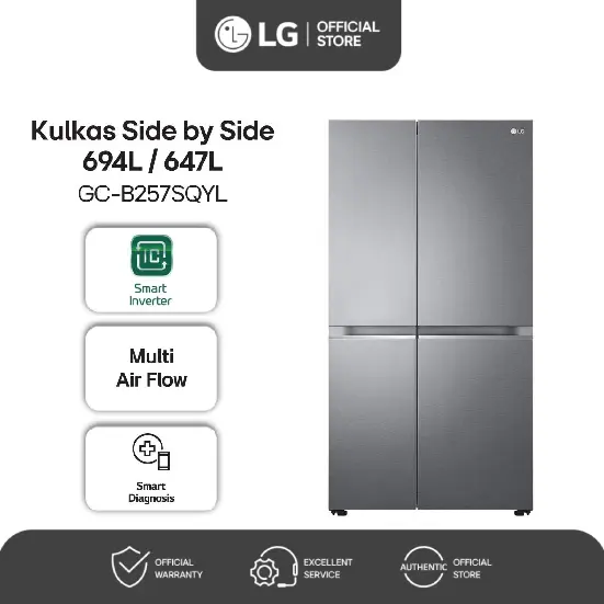 LG Kulkas Side By Side 694L Smart Inverter Hemat Energi Linear Cooling Multi Air Flow Kesegaran Lebih Lama Pendinginan Merata Ultra Sleek Door Dark Graphite Steel GC-B257SQYL
