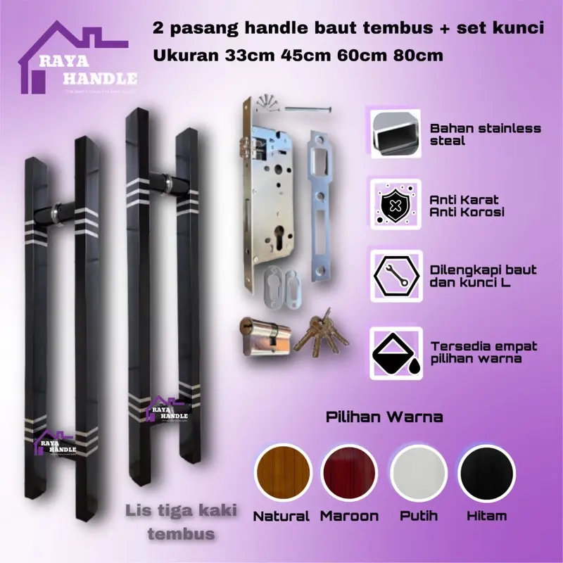 4 pcs handle + set kunci Handle pintu baut tembus stainless - Tarikan pintu kupu tarung