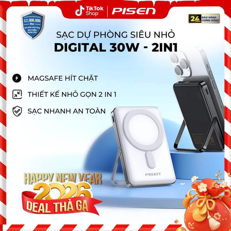   PISEN  Sạc Dự Phòng Không Dây Siêu Nhỏ POWERMag Digital 30W 2-in-1 | 2 Chế Độ Sạc Có Chân Đỡ Thích Hợp Iphone 12-15 Series | TP-D080 | Bảo Hành 24 Tháng | Bảo Hiểm 2 Triệu Đô Toàn Cầu 