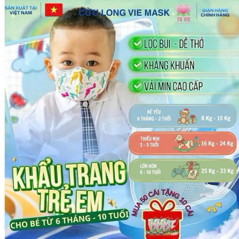 4 LỚP 50Cái tặng 10Cái Khẩu Trang Em Bé TỪ 6 THÁNG ĐẾN 10 TUỔI Kháng Khuẩn Cửu Long VIE Mask