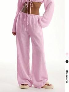 Pantalones de lino para mujer con cinturón con lazo al frente, elegante ropa de playa para primavera y verano, moda casual para viajes y camping