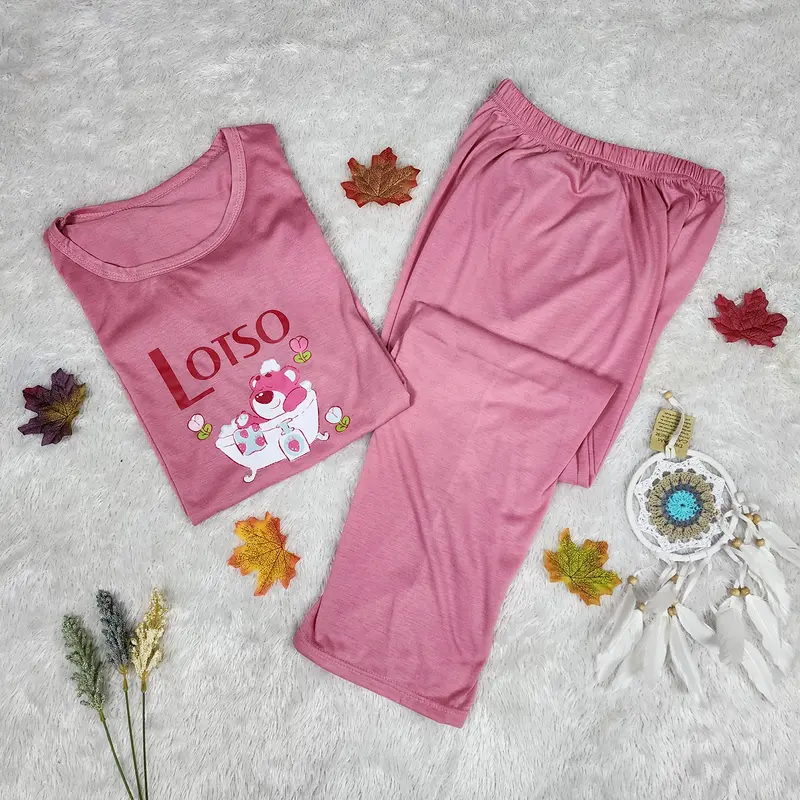 BAJU TIDUR WANITA SETELAN KAOS, PRINT KARAKTER LENGAN PENDEK 0