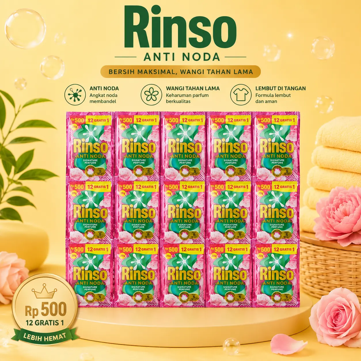 52 pcs / 1/2 dus rinso cair 20 gr 500 an