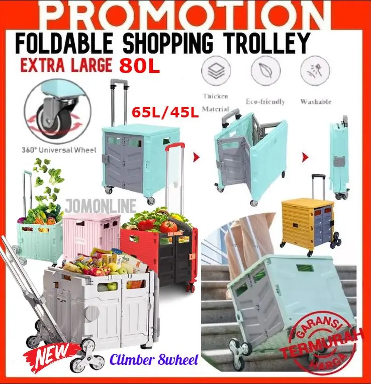 ~Ship From KL~ Extra Large 65L Strong 100Kg Load Folding Shopping Cart Trolley Storage Movable Easy Carry Compact