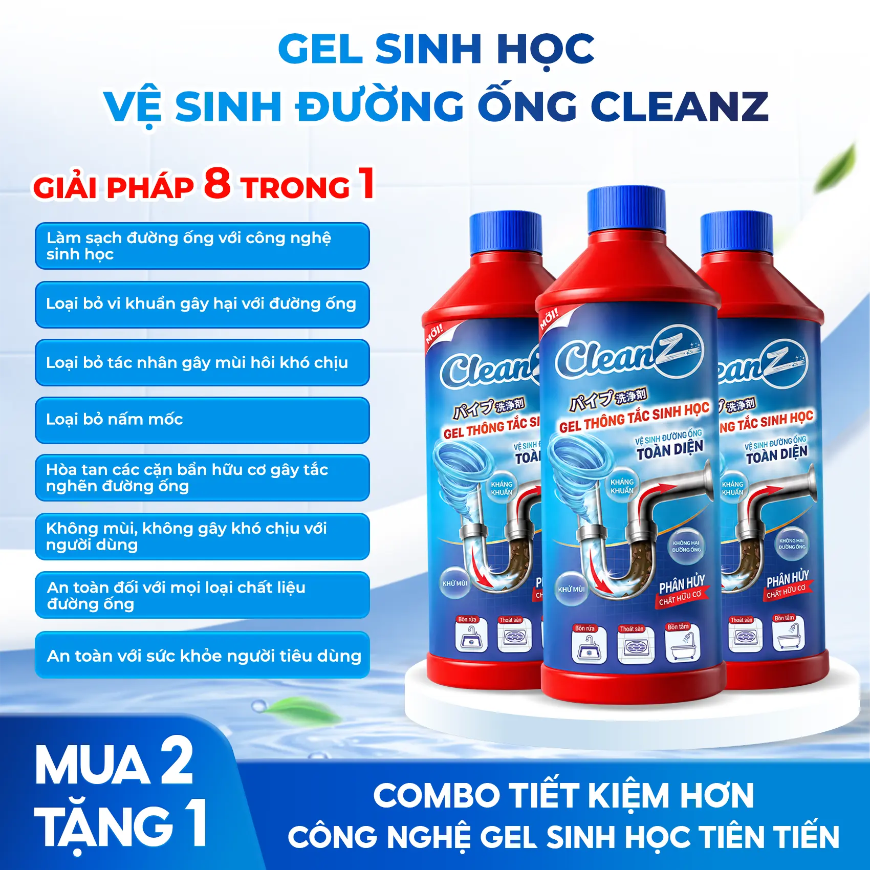 Gel Thông Tắc Sinh Học CLEANZ, Thông Tắc Hòa Tan Dầu Mỡ, Làm Sạch Đường Ống, Bồn Rửa Mặt, Chậu Rửa Bát, Khử Mùi Tanh Hôi