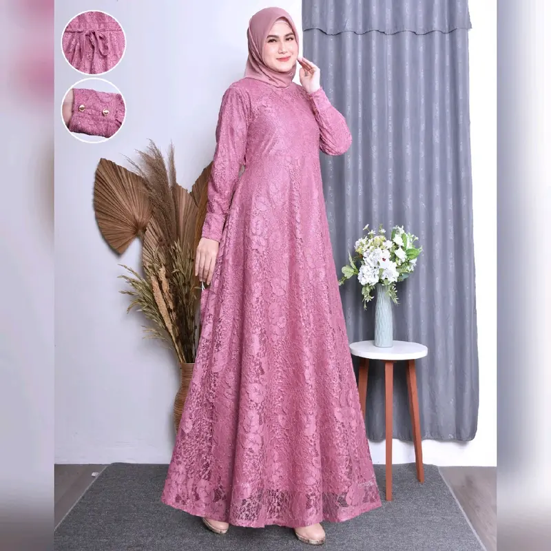 gamis brukat dress jumbo pesta ada ukuran dari m.l.xl.xxl.xxxl free masker Wanita Muslim Kondangan Lembut Tebal 8