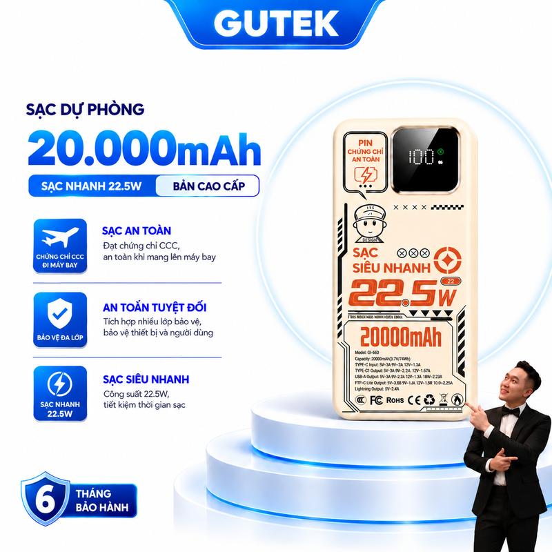 9k [GUTEK x VINHBANHBO] Pin Sạc Dự Phòng 20000mAh Sạc Nhanh 22.5W Sạc Đồng Thời 4 Thiết Bị Kèm 2 Cáp Tiện Lợi - GT669