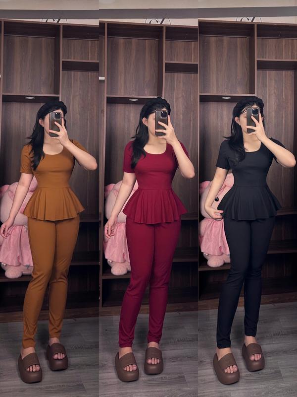 Đồ bộ dễ thương áo thun tay ngắn & quần ống ôm cho nữ