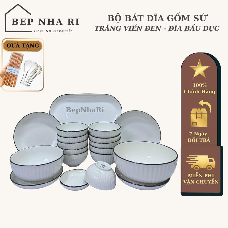 BepNhaRi Bộ Bát Đĩa Gốm Sứ Màu trắng viền đen đĩa bầu dục - TỐI GIẢN MÀ TINH TẾ