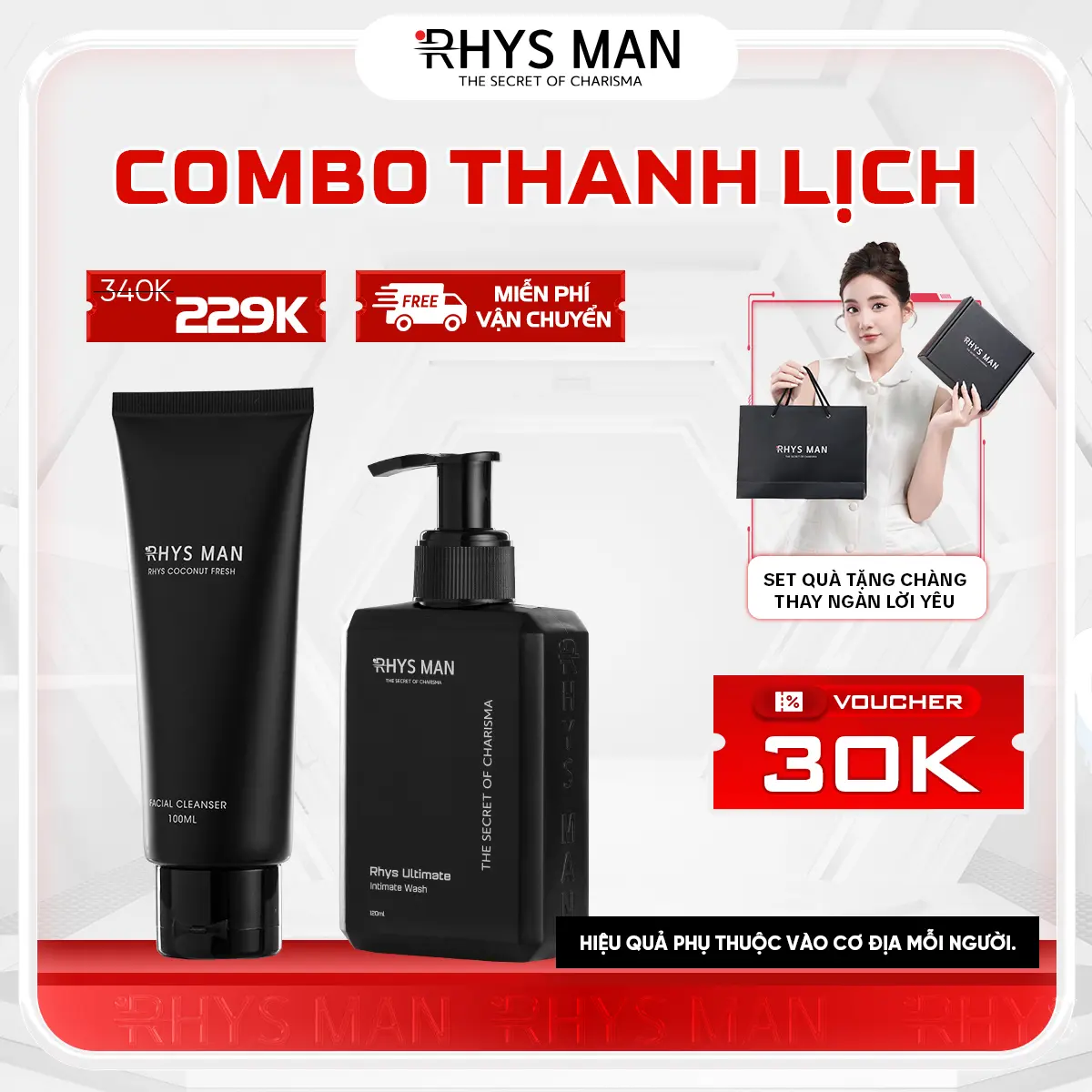 Combo Thanh Lịch RHYS MAN: gồm Sữa rửa mặt 100ml & Gel vệ sinh nam 120ml - Tặng 1 Set Hộp & Túi Cosmetic Tẩy Trang - Gel Rửa Mặt