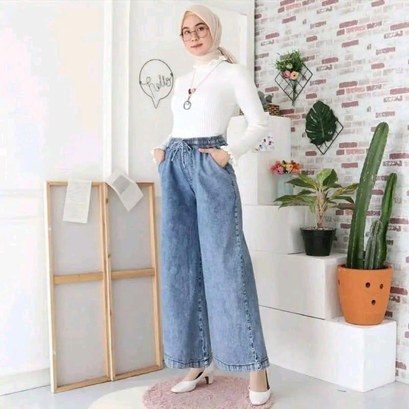 Celana Panjang Kulot Jeans Wanita Bb 65kg Maxx Denim Jeans Premium Pinggang Full Karet Nyaman Simple 1