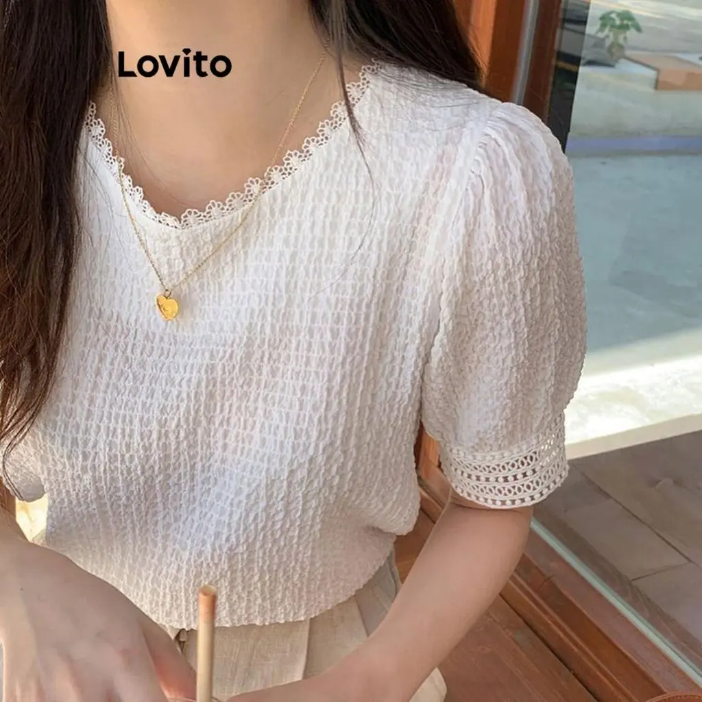 LOVITO Korean Style Atasan wanita renda putih floral kemeja lengan pendek kerah