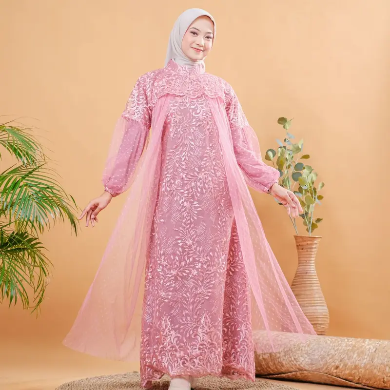 RAISHA Nusaibah Full Tile Brokat Bordir Dress / Gamis / Gaun Pesta Wanita Muslim Dewasa Motif Bunga Untuk  Lebaran, Wisuda, Kondangan Simple Tebal dan Mewah 4