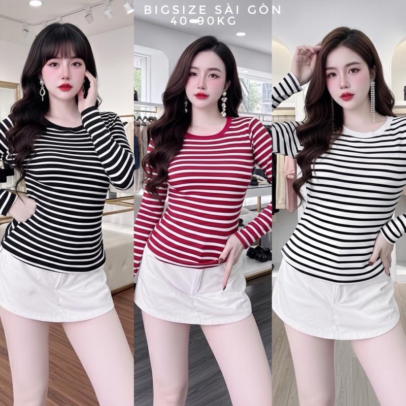 Bigsize Sài Gòn Áo Thun Nữ Tay Dài Phối Cổ Tròn Basic Vải Borit Sọc Cao Cấp Thanh Lịch Bigsize 45–90kg Dễ Thương Nữ Women Top Nhung - B.1693