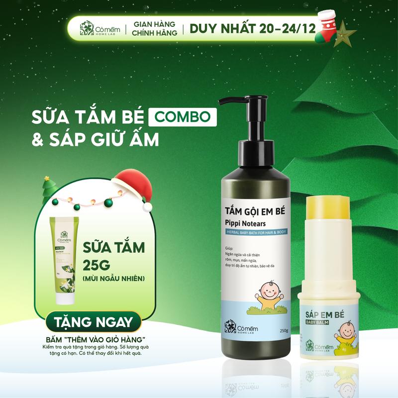  Combo Cho Bé Sữa tắm gội Pippi Notears Và Sáp Em Bé Giúp Dưỡng Ẩm Mềm Da Giữ Ấm Bé Hương Tinh Dầu Dễ Chịu Cỏ Mềm 4gr 