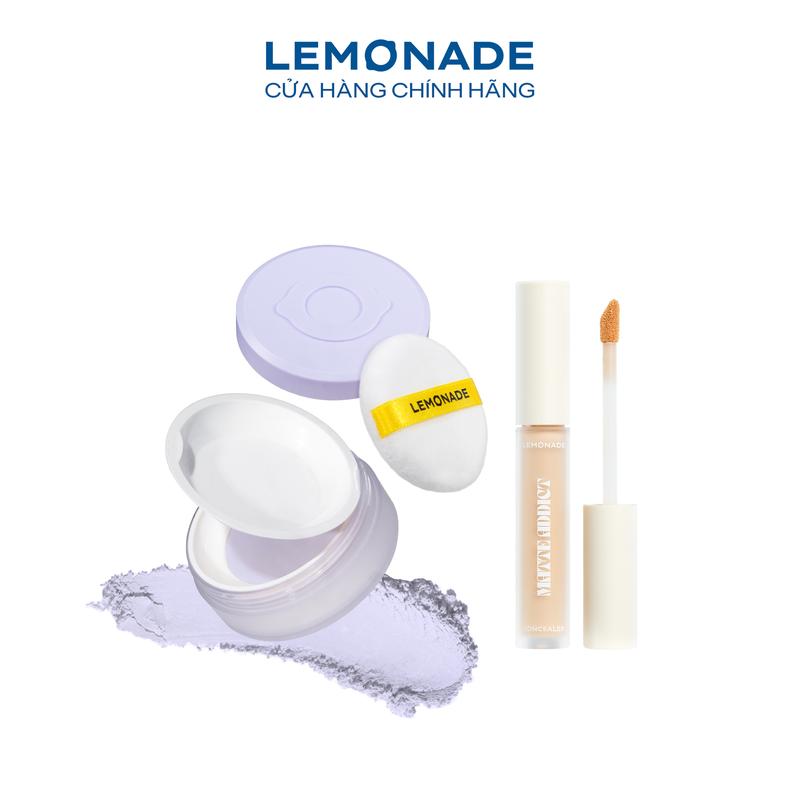Combo 01 Phấn phủ mỏng nhẹ kiềm dầu thuần chay chống nắng Lemonade Supermatte No Makeup Loose Powder 9g và 01 Kem Che Khuyết Điểm Kiềm Dầu Bền Màu Lemonade Matte Addict Concealer 3g