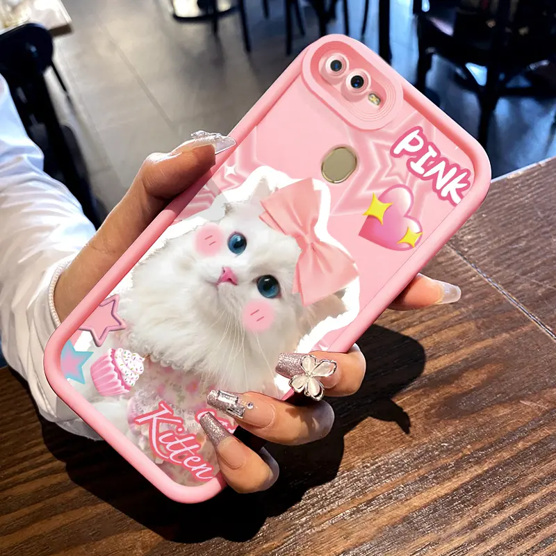 Casing Hp untuk OPPO A7 A5s A12 A12s A11K Case Pola kucing merah muda Kasing Gaya Baru Cesing Kasus Lembut Anti-Sidik Jari Casing
