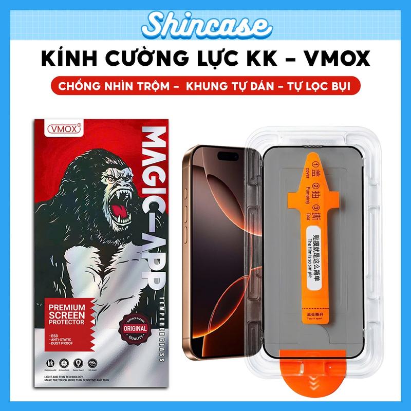 Kính cường lực KK VMOX có khung tự dán tự hút bụi cho iphone 11 pro max 12 pro max 13 promax x xr xs max 7 8 plus 14 15 16 17