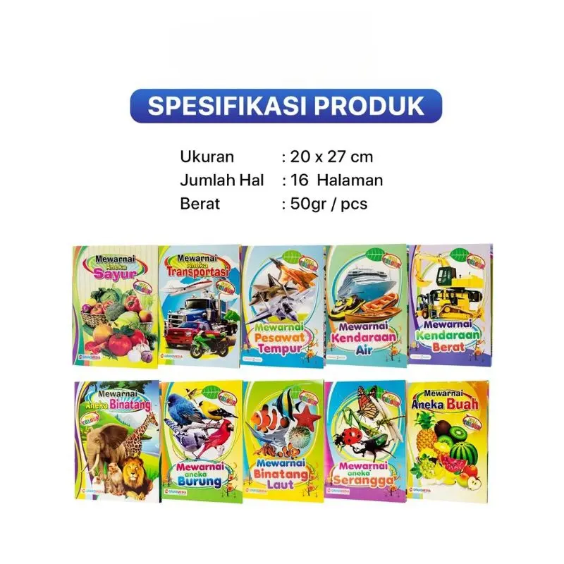 1 PAKET ISI 10 BUKU MEWARNAI Dengan Contoh Untuk Anak Ukuran Besar Full Color LM Books 1