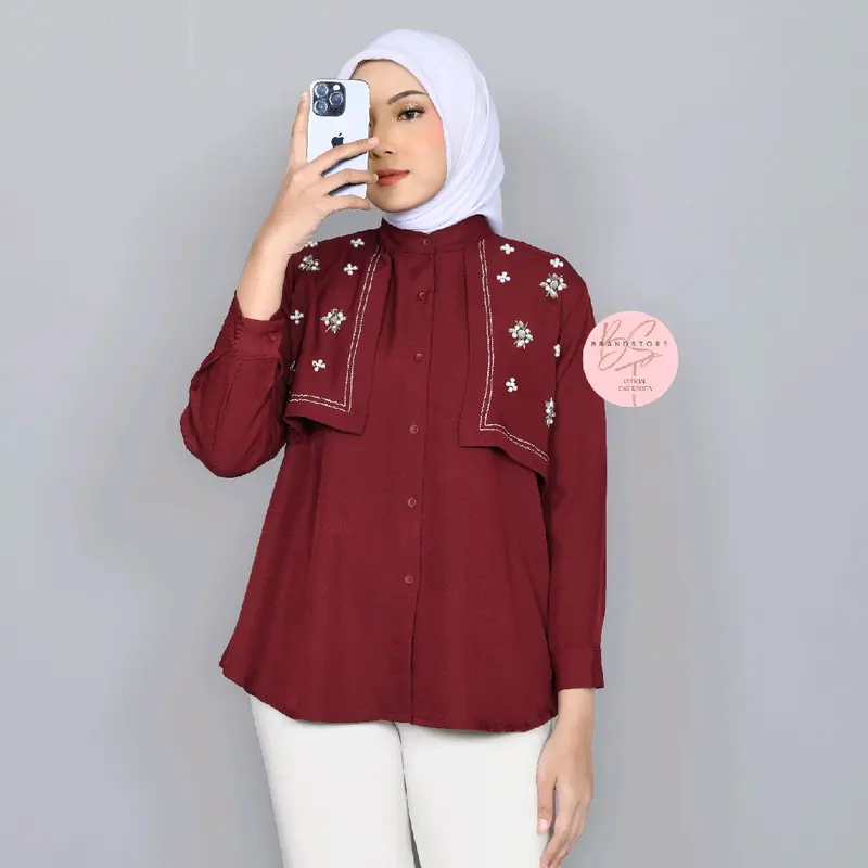 Brandstore - TRIANA Blouse New Layer Kemeja Shakila Botega Polos Shirt Kekinian Baju Panjang Wanita Atasan Katun Casual Cewek Dewasa viral vintage Oversize blouse 5
