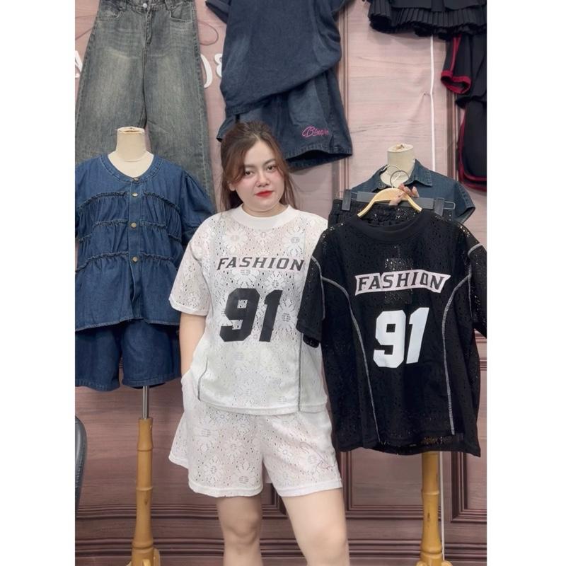 426 BIGSIZE Set thể thao nữ, set bộ ren cộc tay nữ in số 91 kèm quần short