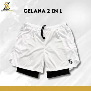 LuckySport Celana 2in1 Running Pria L XL XXL Dryfit Hyget Compression Fit Cepat Kering Anti Bau Olahraga Semua Musim