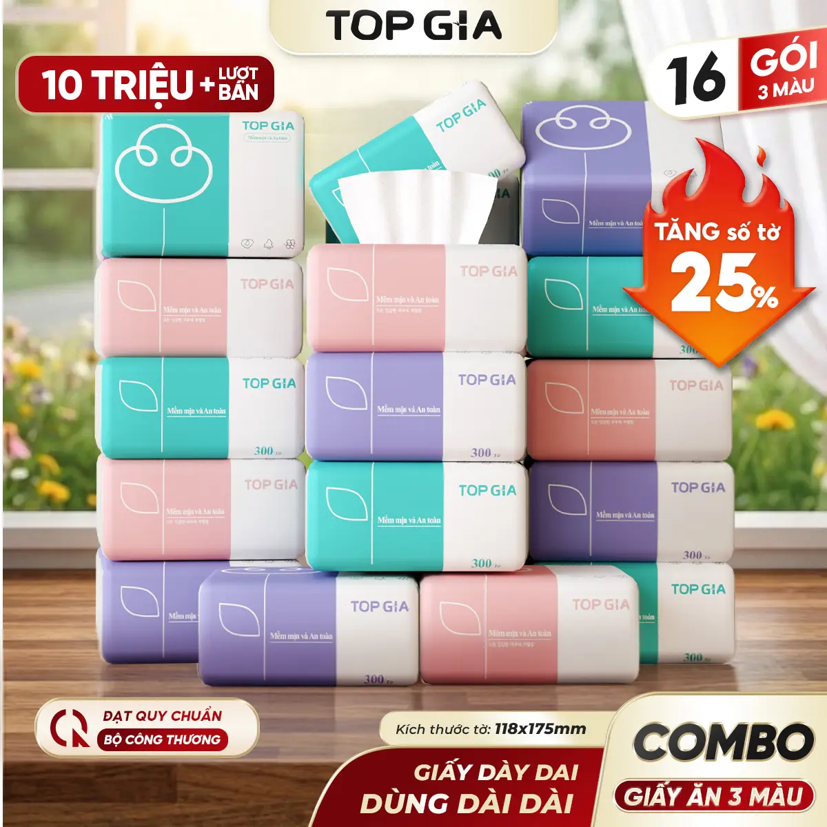 [GIẤY LỤA] Thùng 16 Gói Giấy 3 Màu TOPGIA chính hãng - Giấy rút để bàn 4 lớp mềm mịn - giấy ăn cao cấp Đạt Chuẩn Bộ Công Thương Top Gia Hà Nội VTG38