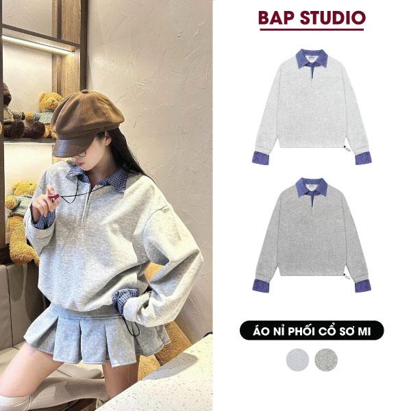 Áo nỉ phối cổ sơ mi kèm khóa phối phong cách Vintage Hàn Quốc A39