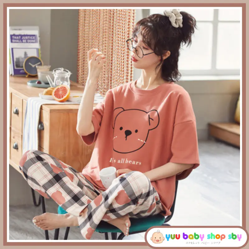 YBSS Setelan baju tidur wanita dewasa lembut serap keringat bahan katun polyester lengan pendek panjang celana panjang set piyama perempuan remaja terbaru kekinian motif karakter animasi lucu ukuran jumbo fit to XXL cocok untuk santai harian PY005 PY 0