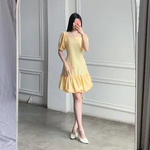 (Posy) Dress Wanita Verna Ribbon Bahan Cotton Double Furing Lengan Pendek Tali Pinggang