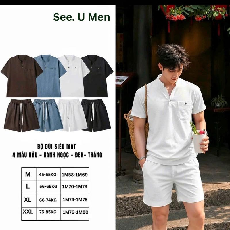 Sét Bộ Đũi Nam Bộ Đũi Nam Cộc Tay Cổ V Phong Cách Trẻ Trung Phong Cách Basic Thoáng Mát SeeUMen BN03