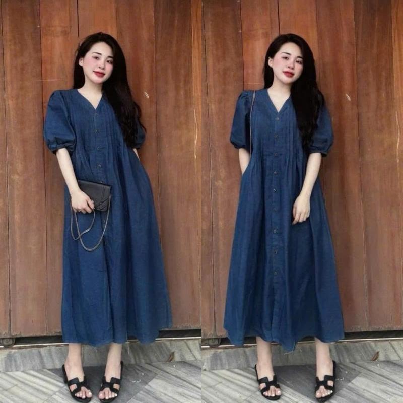 (Có size 45-100kg)Váy đầm jean  suông cổ V - váy bò babydoll xếp ly đẹp cho mẹ diện bầu và sau sinh