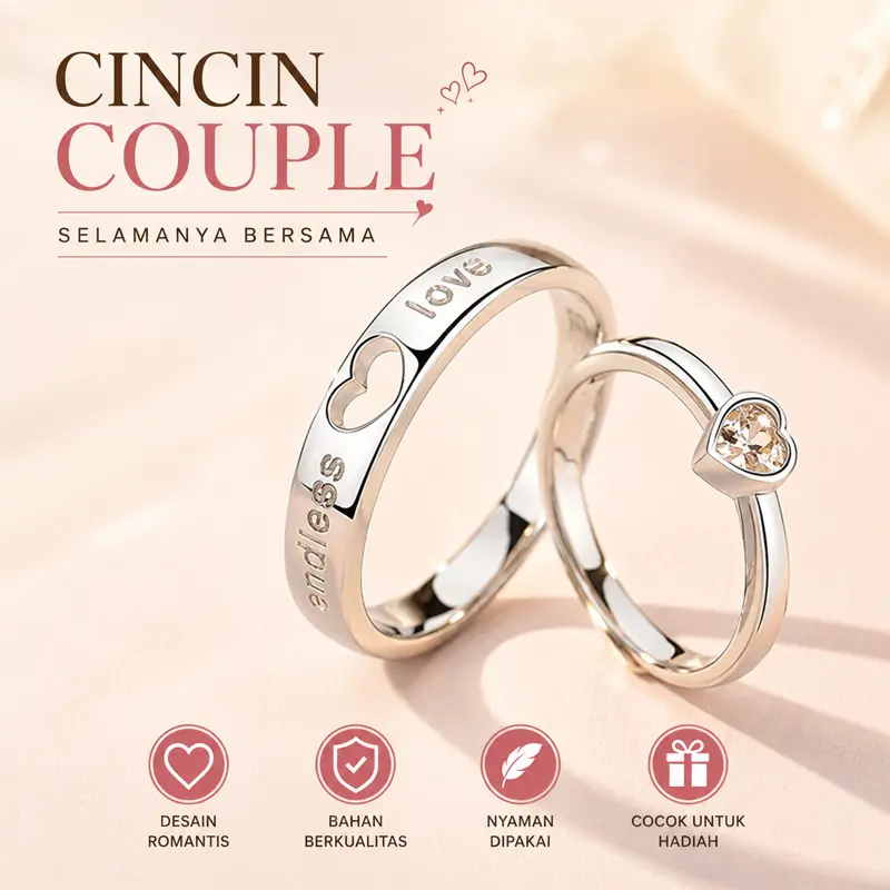 [Tagentid]Cincin Pasangan Hati Serasi Berlian Cinta Berongga Untuk Pria Wanita Modis