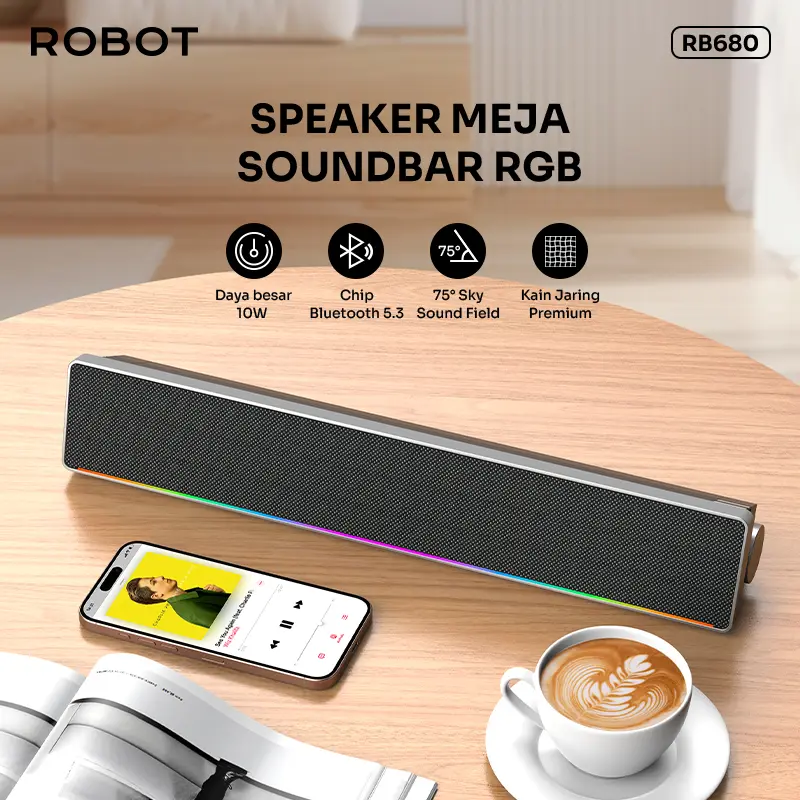 Robot RB680 RGB Lightshow Bluetooth Soundbar Speaker 10W Dual Channel Stereo 4 Speaker USB Micro SD Card Aux 3.5mm- BISA COD Speaker Wireless Bass 1
