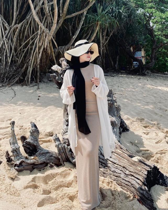 Style One set OOTD 3in1 Wanita Kekinian Long Dress Knit & Topi pantai lebar list hitam MIX Cardigan Outer Cardy Premiun Kualitas Bagus Polos Nyaman Panjang 6
