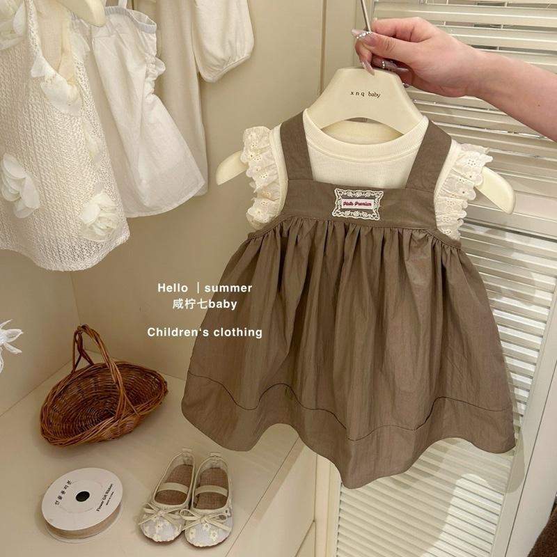 [5-18kg] -[XMGY] Set váy yếm màu nâu 2 chi tiết VÁY+  ÁO cánh tiên phối ren xinh xắn mềm mát cho bé gái [A665]