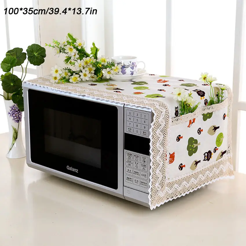 Cotton Linen Microwave Oven Cover Microwave Hood Oil Dust Cover With Storage Bag Kitchen Accessories Supplies Home Decoration