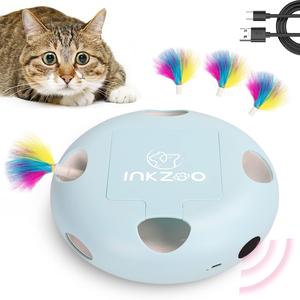 猫のおもちゃ、屋内の猫のためのインタラクティブな猫のおもちゃ、超楽しいスマートインタラクティブな子猫のおもちゃ、自動7穴のネズミのモグラ叩き、USB充電式、4ピースのフェザーリフィル（青）