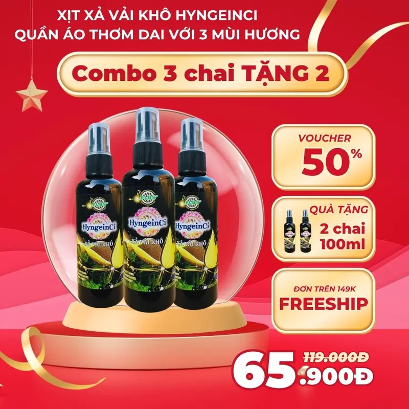 [Combo mới 3 TẶNG 2] Xịt thơm quần áo HyngeinCi Có 3 mùi hương - Xả vải khô hương thơm bền lâu, quần áo thơm dai - Chai 100ml nước Xịt thơm quần áo 0