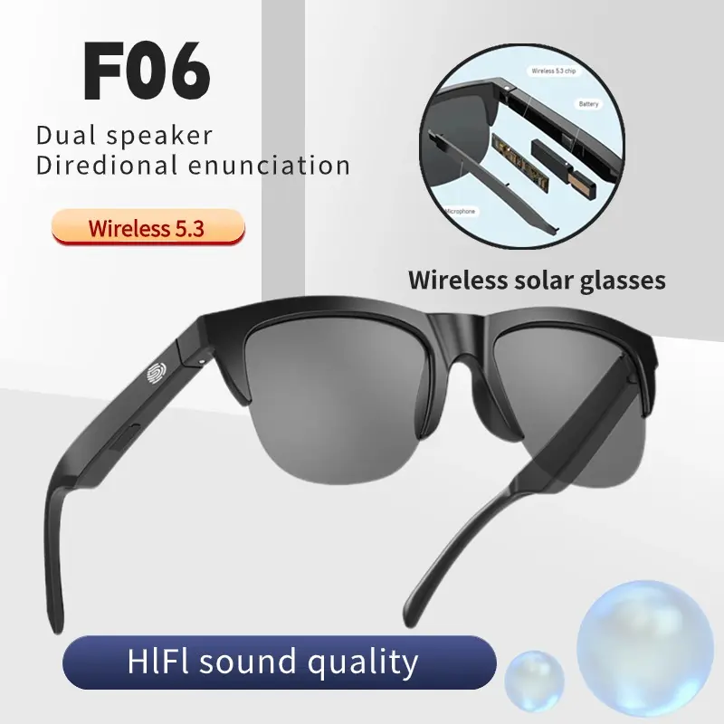 Kacamata hitam musik mode wireless earphone Bluetooth kacamata audio transparan headphone F06 nirkabel Earbuds luar ruangan kacamata headset panggilan jelas Handsfree Bass Glasses Speaker